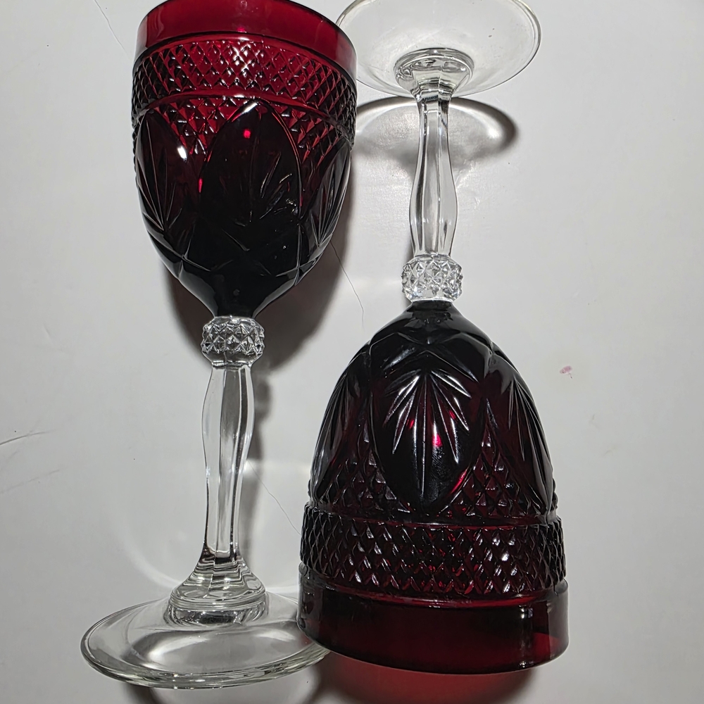 2 Cristal D'Arques Durand  Ruby Red Water Wine Goblet Crystal Glass 8” Tall
